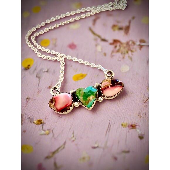 Sonoran Gold Turquoise & Rose Dahlia Heart Necklace 16-18” - Picture 2 of 8